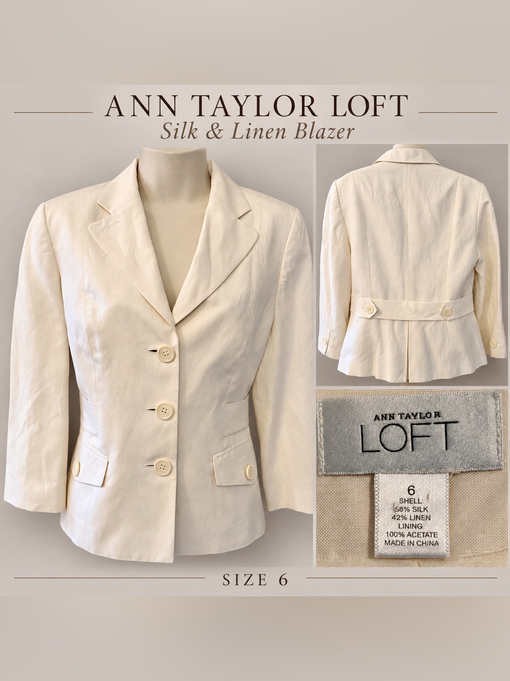Ann Taylor LOFT Silk Linen Blazer 6 Cream Tailored 3/4 Sleeve Belted Back